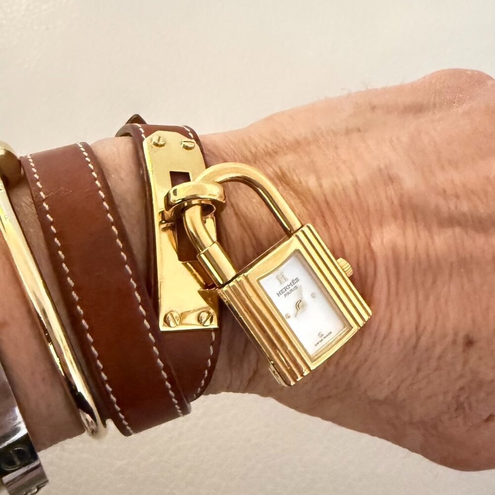 AUTHENTIC HERMES KELLY LOCK WATCH GOLD PLATED DOUBLE TOUR LEATHER